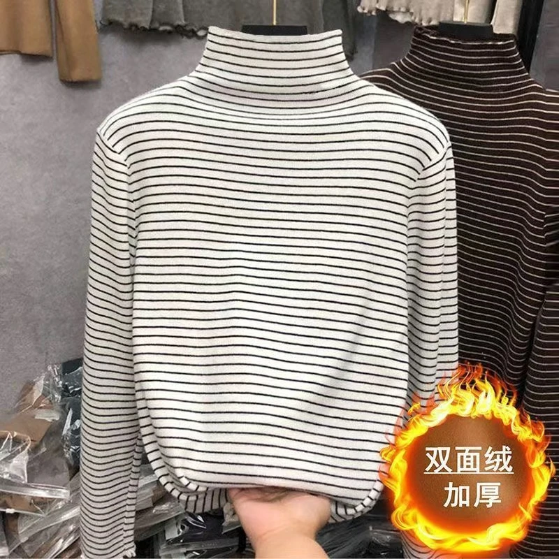 儿童德绒条纹打底衫秋冬2025新款内搭保暖秋衣中大童长袖外穿T恤