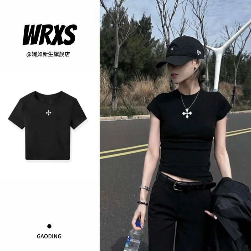 【婉如新生】高级感纯欲修身短袖t恤女黑色御姐独特绝美上衣短款ins