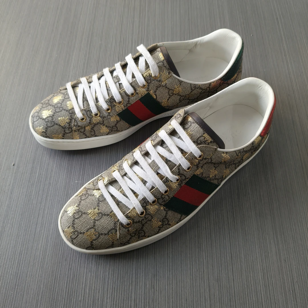 99新 GUCCI/古驰 45码/蜜蜂刺绣双G老花满印大logo 低帮休闲板鞋