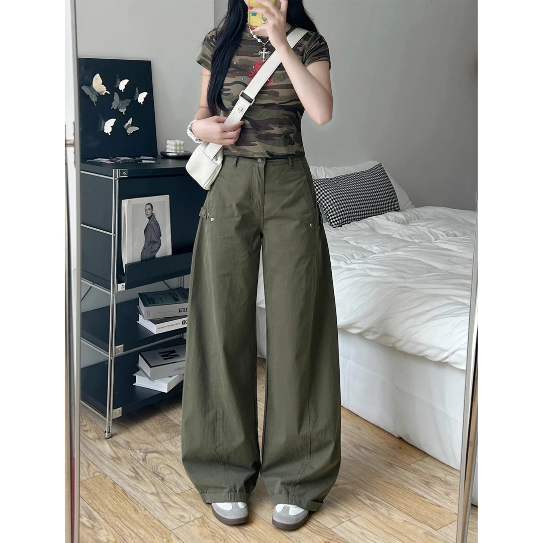 美式复古军绿色弯刀工装休闲裤女夏季薄款高腰宽松显瘦垂感阔腿裤