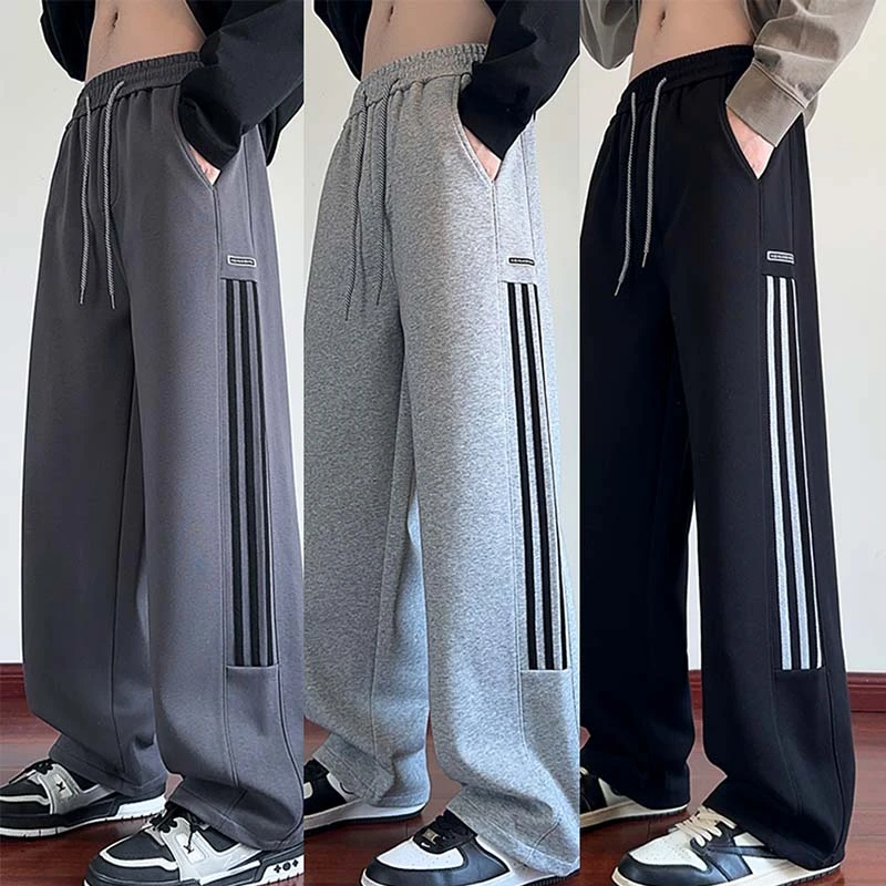 运动灰色卫裤秋季直筒休闲裤宽松显瘦青少年百搭条纹男士长裤子