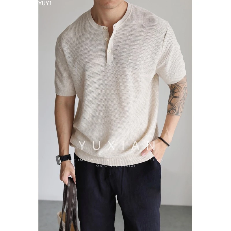 YUY1【天丝亚麻】意式透气天然亚麻混纺亨利领针织短袖休闲商务T恤