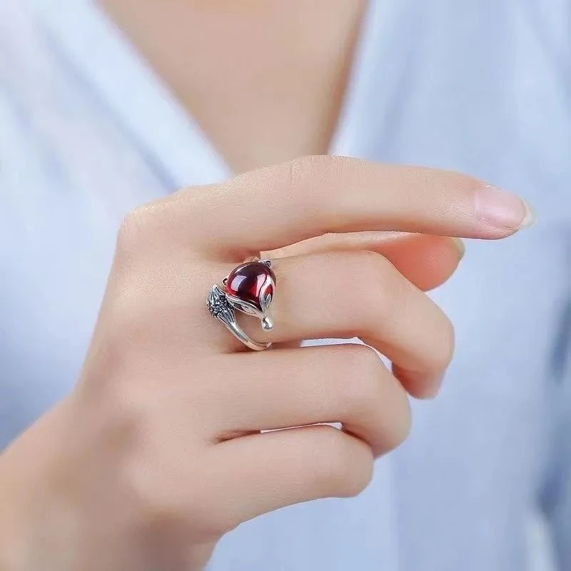 石榴色大狐狸戒指女款指环红色尾戒简约食指戒开口女