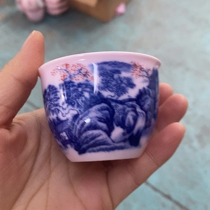 摆件陶青花釉里红山水杯