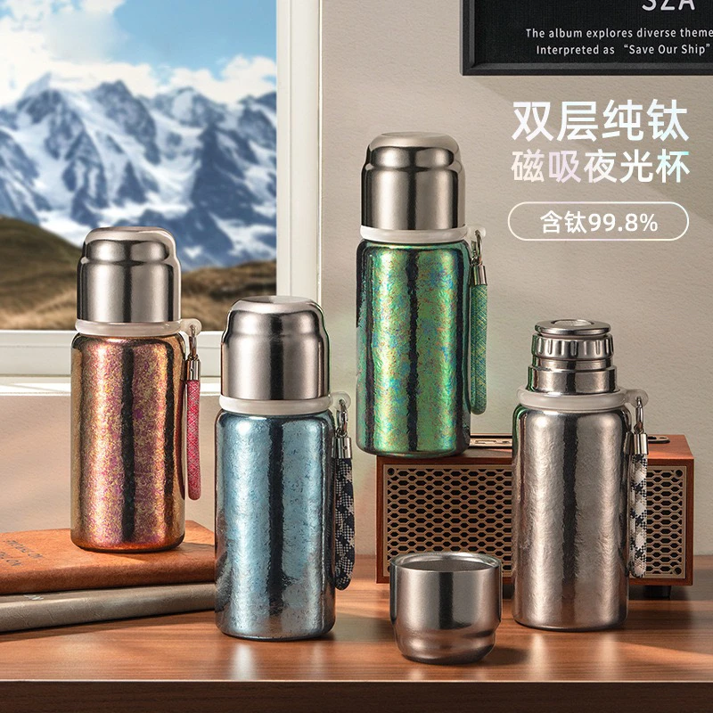 450ml纯钛焖泡保温杯机械温显双层茶水分离钛杯便携车载钛保温杯