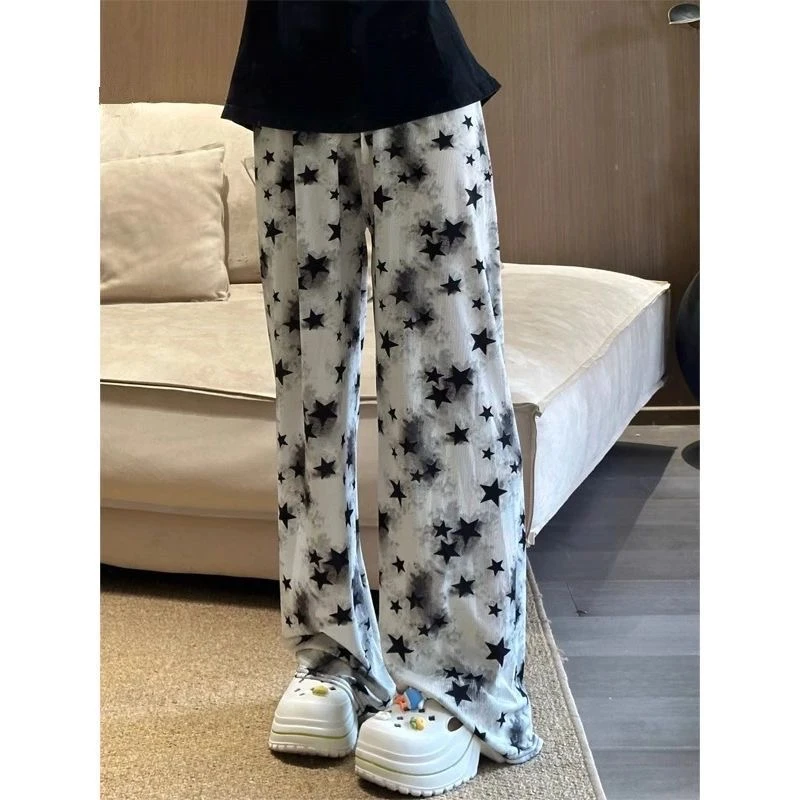 胖MM大码冰丝扎染星星阔腿裤女夏高腰宽松显瘦垂感直筒休闲凉凉裤