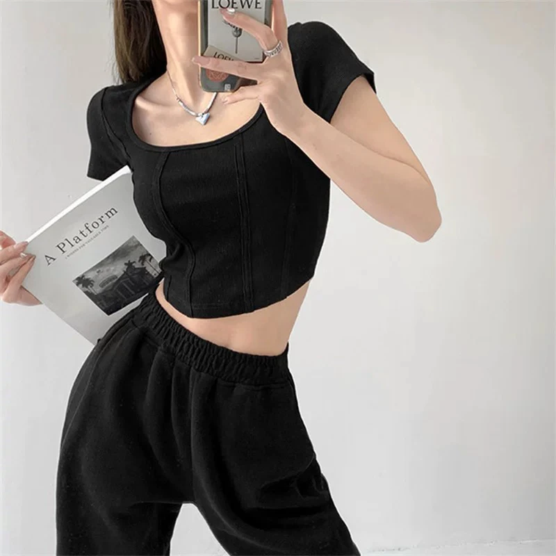 方领轻职风紧身显瘦短款辣妹T恤高腰修身型短袖套装