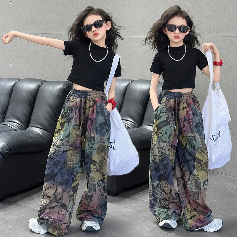 女童短袖T恤哪吒卫裤儿童时髦涂鸦长裤网红酷飒炸街风夏装两件套