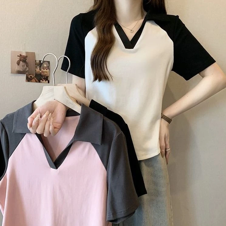 大码女装胖mm夏季新款2025时尚百搭撞色polo领不规则短袖T恤上衣