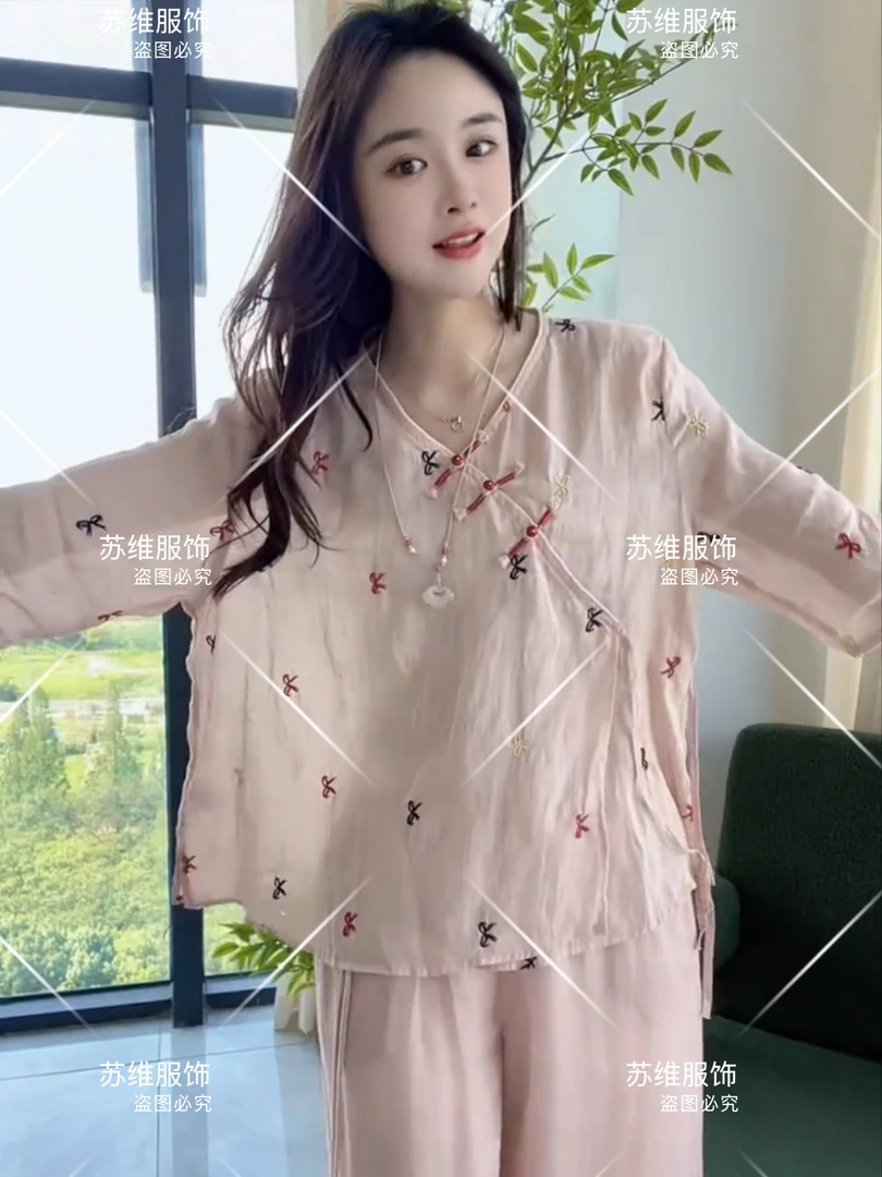 19511复古中式苎麻盘扣夏季民族风斜襟流苏麻料绣花女士小衫