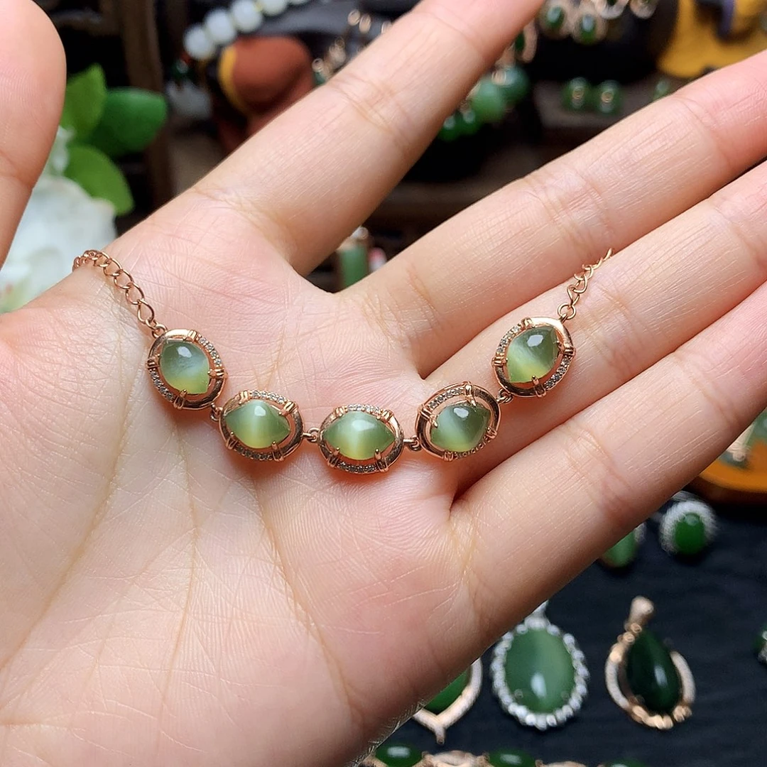 手链银S925镶嵌和田玉（碧玉）