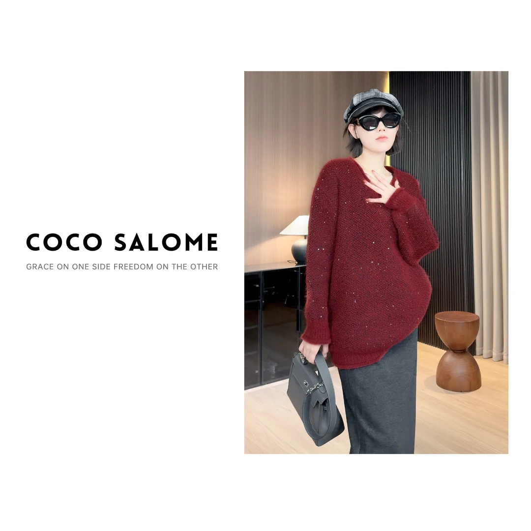 COCO SALOME⒁【新年好】600g重磅羊毛V领亮片花苞袖红色毛衣0841