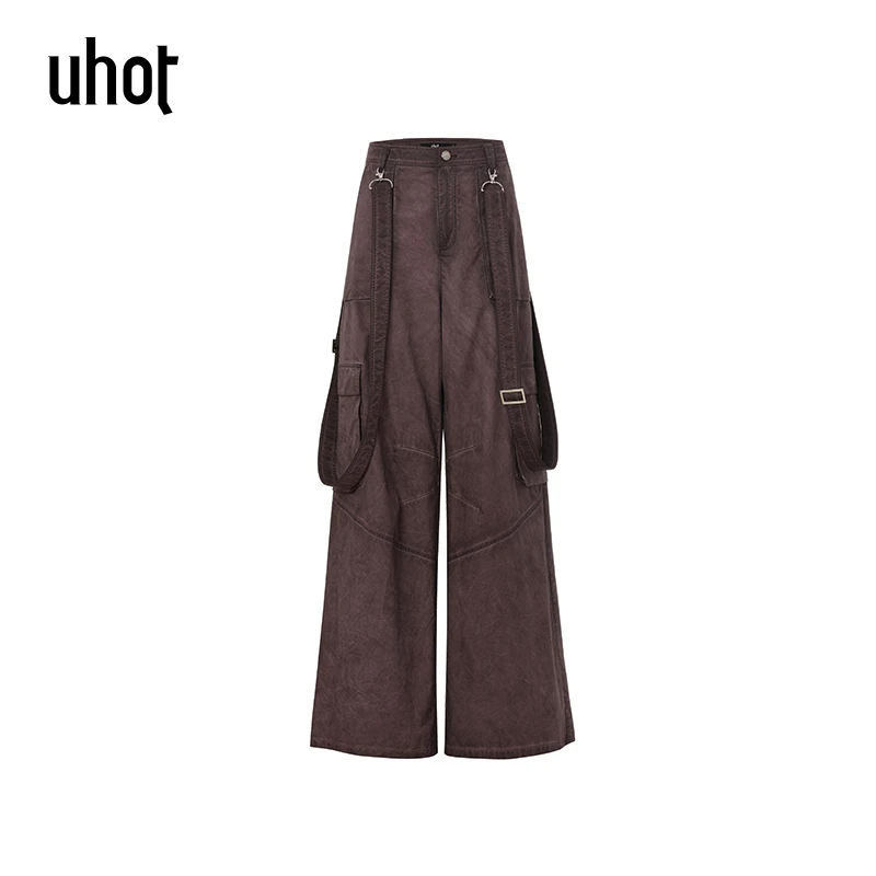 UHOT 紫色洗水可拆卸背带阔腿裤休闲裤宽松百搭长裤女装UWWS2K050