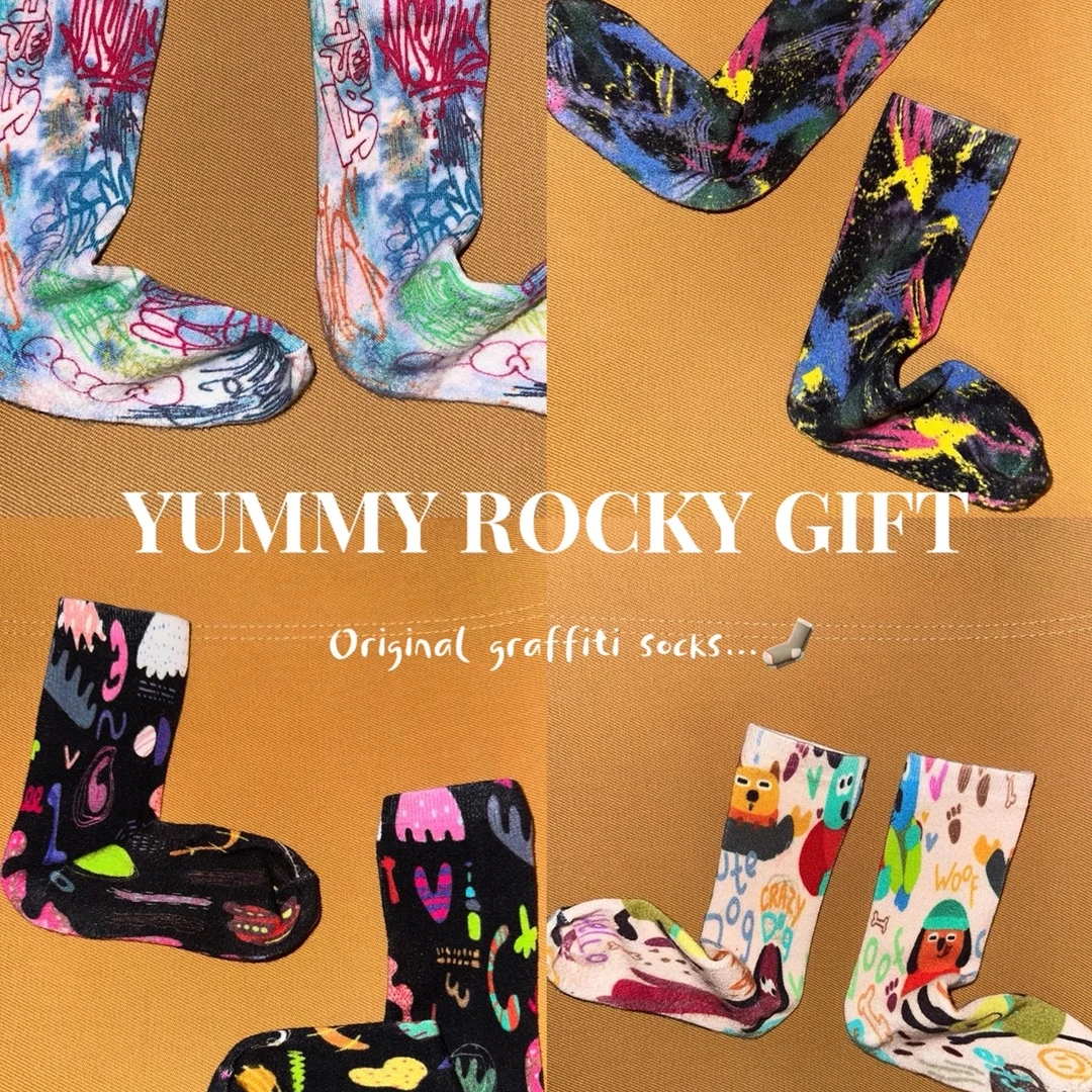 yummy&rocky涂鸦竹纤维大弹力可亲子短袜个性印花