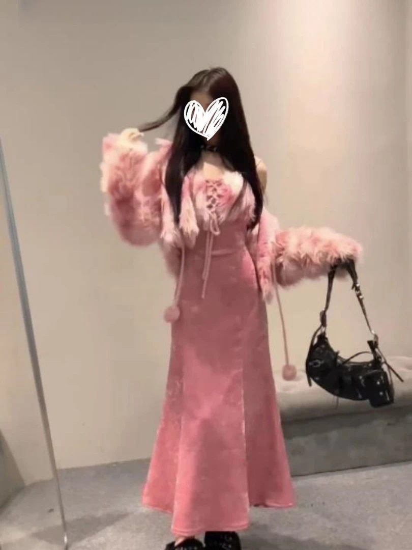 千金感财阀少女粉色纯欲毛毛外套女温柔复古收腰绑带短裙百搭套装