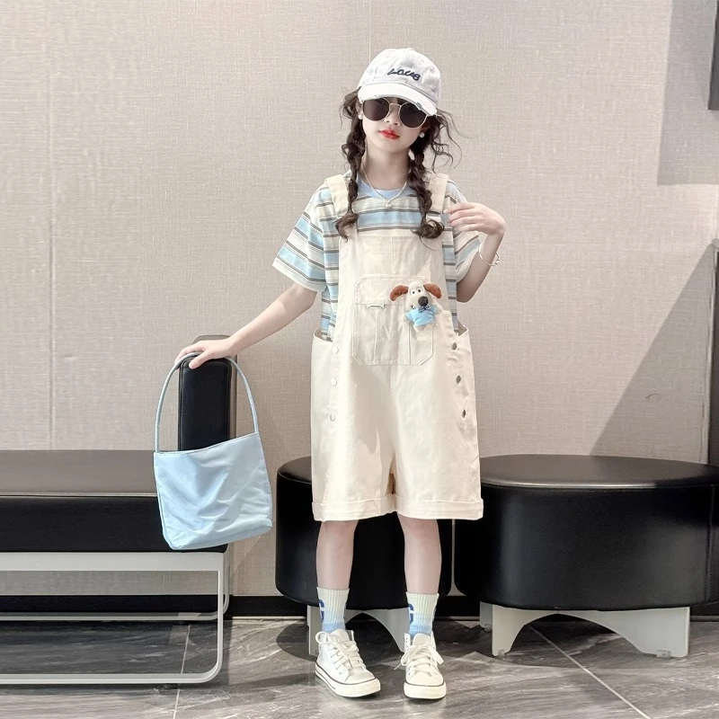 女童夏日穿搭套装2025新款儿童夏季短袖女大童背带短裤夏装两件套