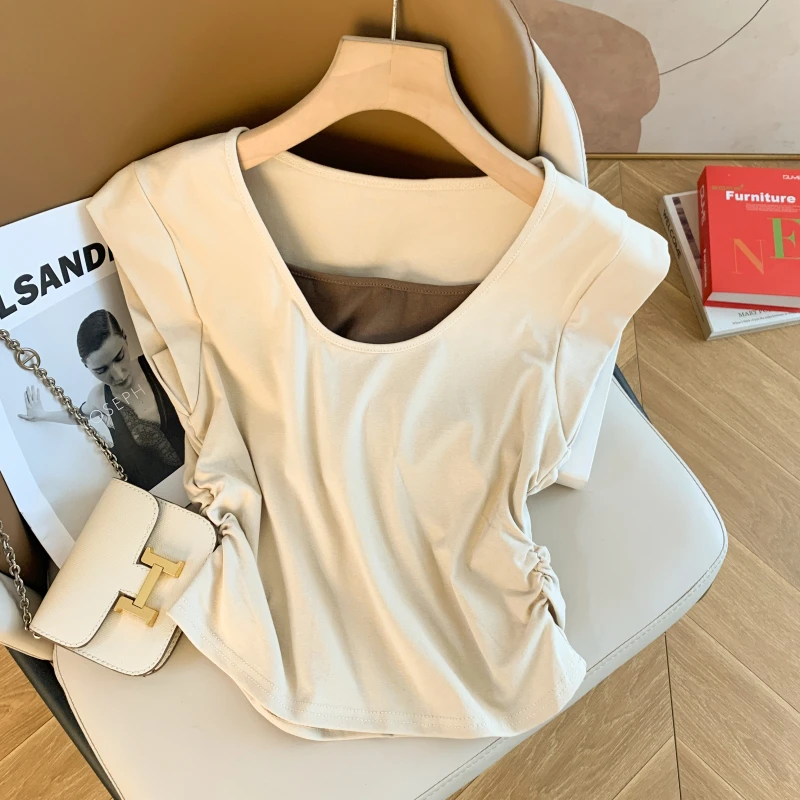 2025夏季新款设计感飞飞袖假两件上衣女别致小衫褶皱修身时尚T恤