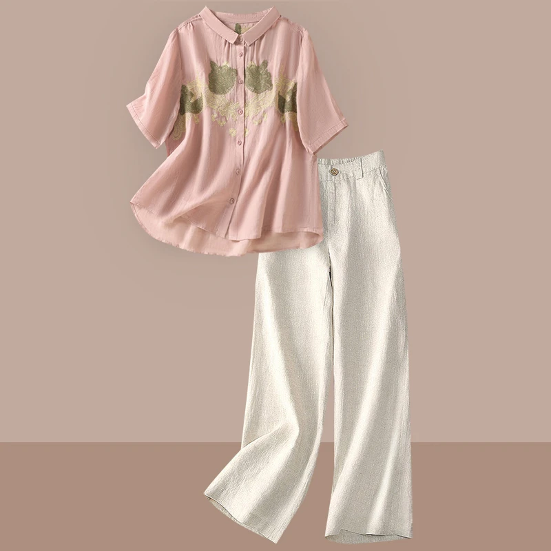 苎麻休闲套装女士2025夏装新款复古翻领亚麻刺绣衬衫阔腿裤两件套