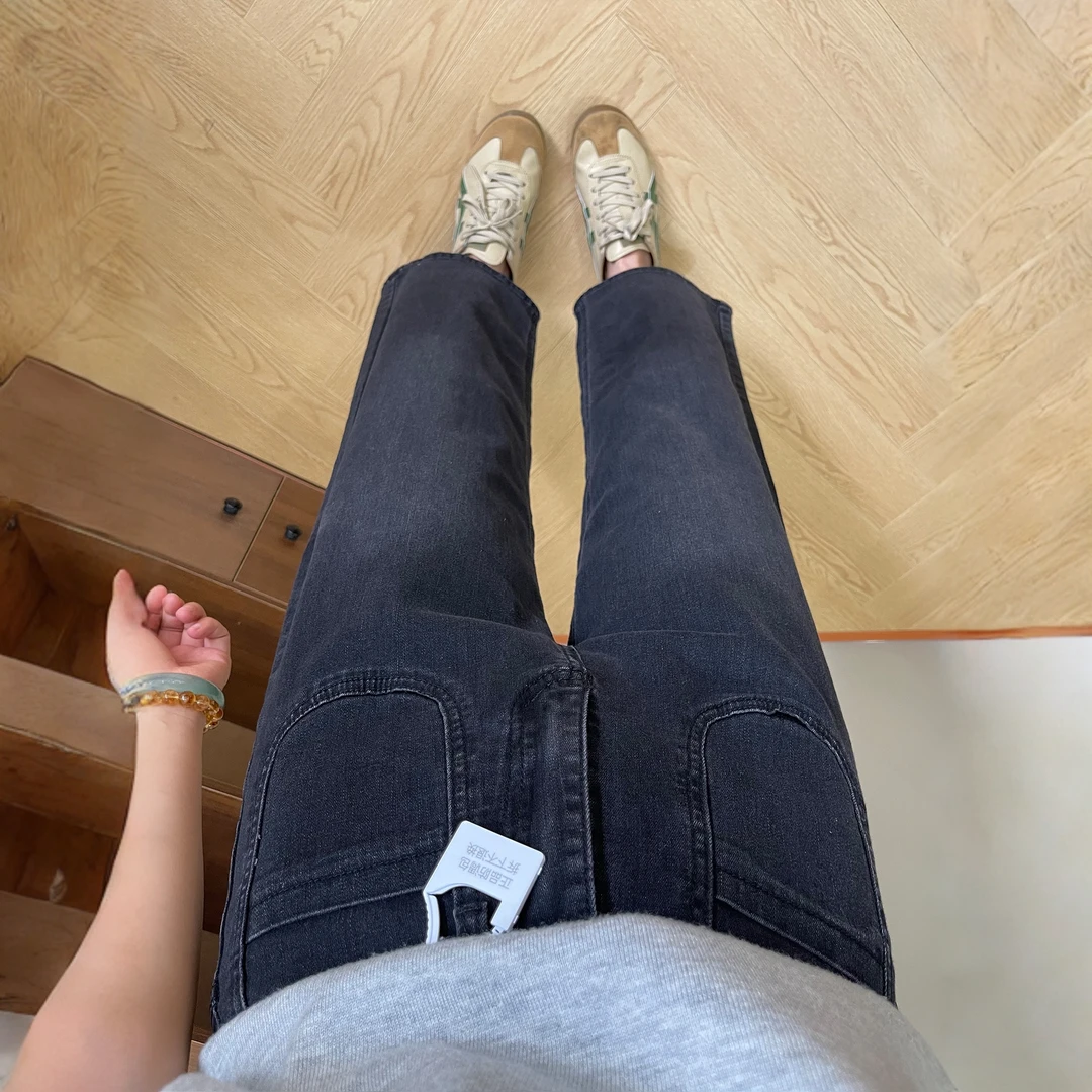 黑灰色弹力直筒牛仔裤女秋季新款高腰显瘦胖mm梨形身材九分烟管裤