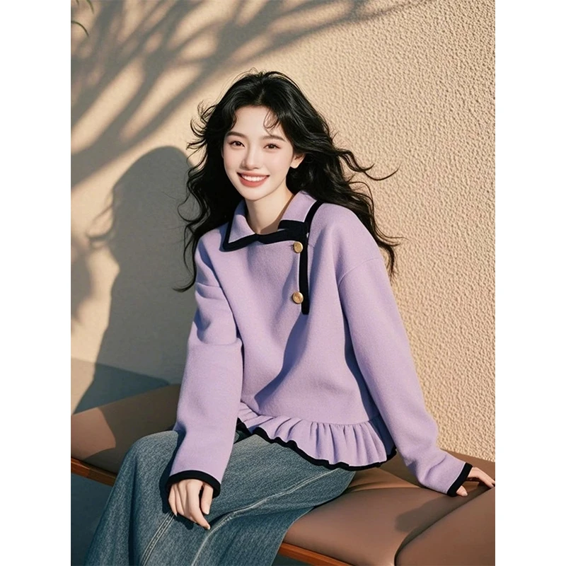2025春季新款时尚洋气小个子慵懒风紫色荷叶边拼接套头卫衣女秋冬