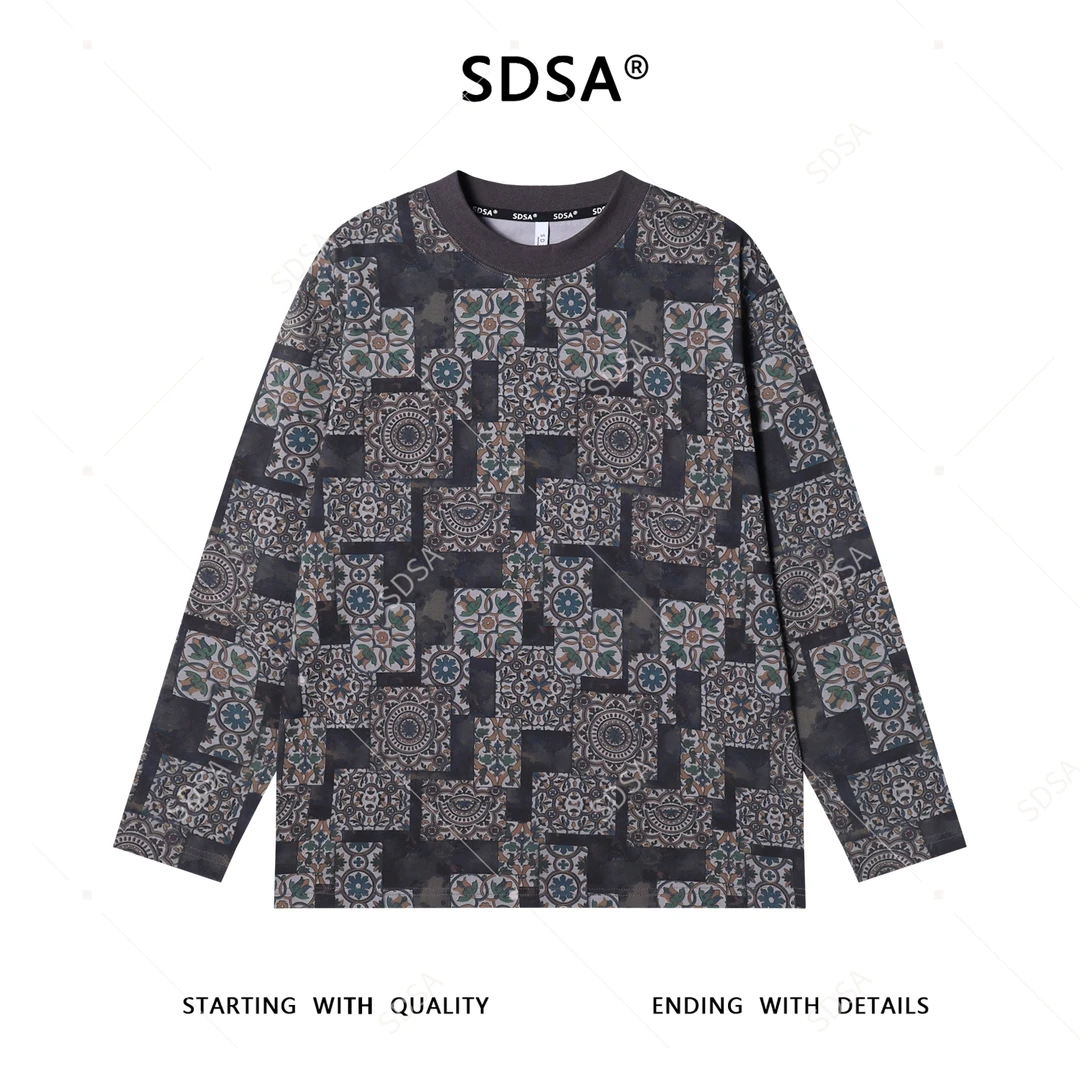 SDSA男士秋冬新款痞帅男装扎染满印图形圆领长袖T恤潮牌网红款