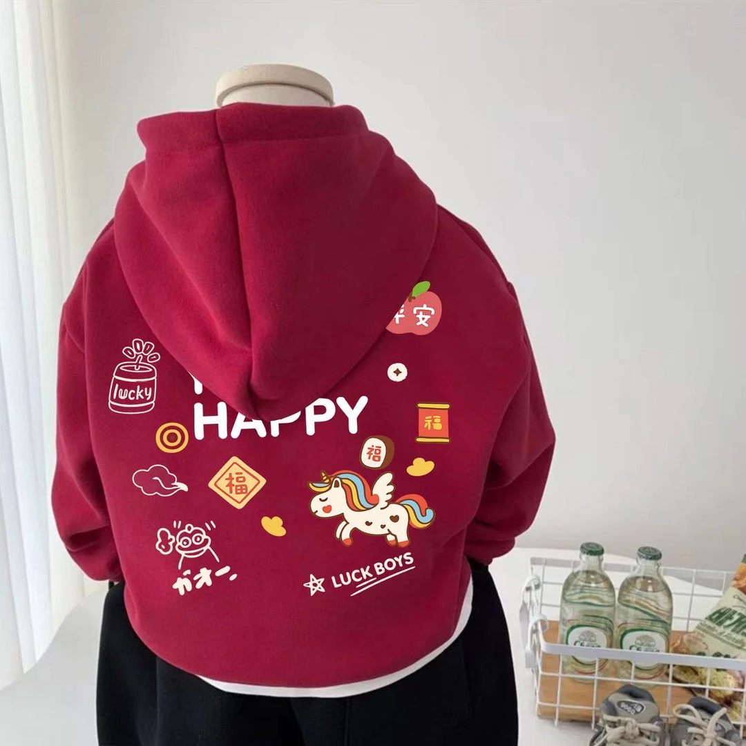 红色男童马年儿童帽卫衣加绒连2026年冬季女童新款新年拜年衣服