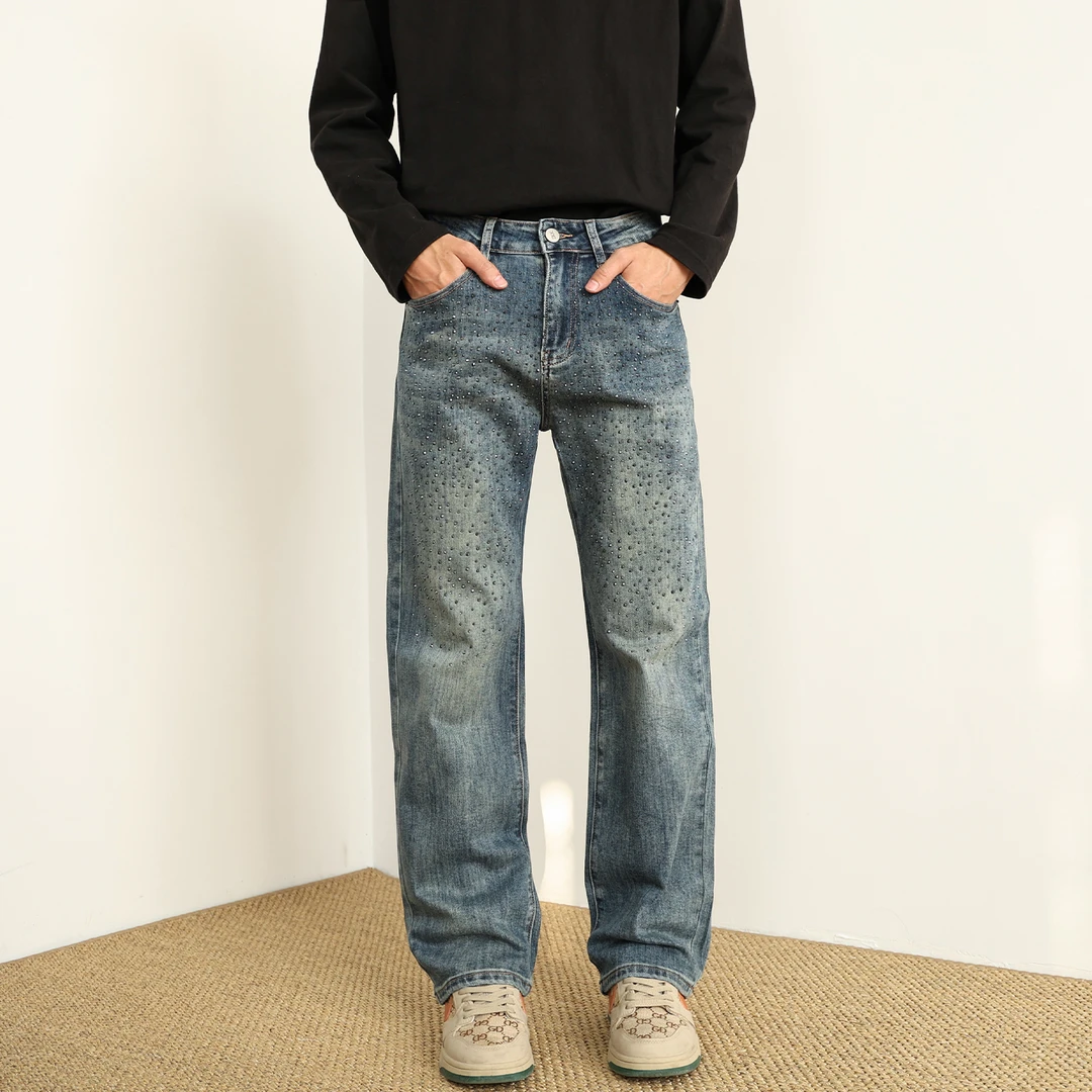 SYBBZ美式高街窄版烫钻牛仔裤男水洗蓝色修身直筒裤弹力百搭长裤