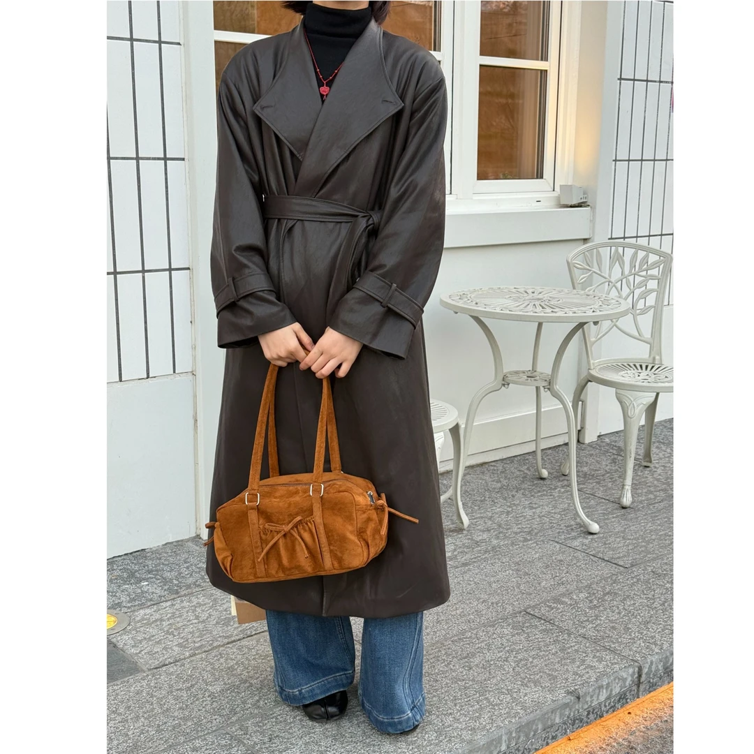 2025冬季新款外套女高级感简约大翻领系带加绒保暖长款皮衣外套