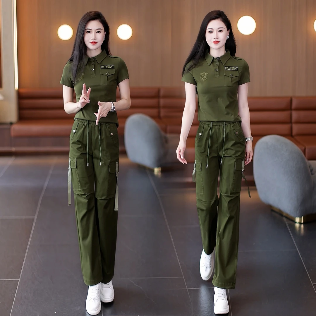 休闲夏季气质运动套装时尚宽松修身长裤复古军绿色洋气运动夏装