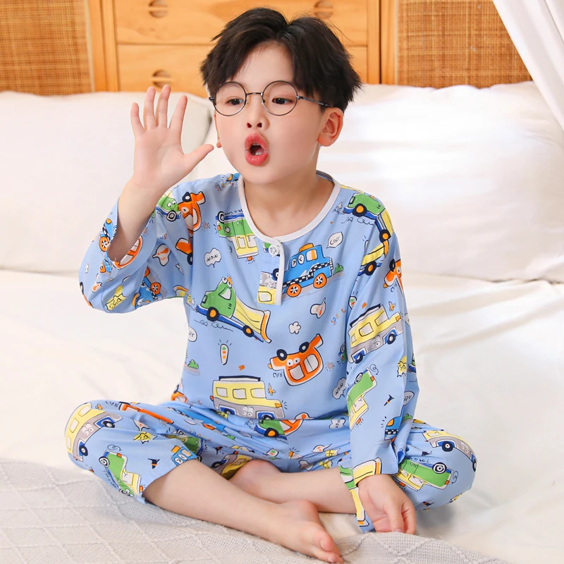 儿童棉绸睡衣薄款夏季宝宝长袖男童小女孩绵绸空调家居服女童套装