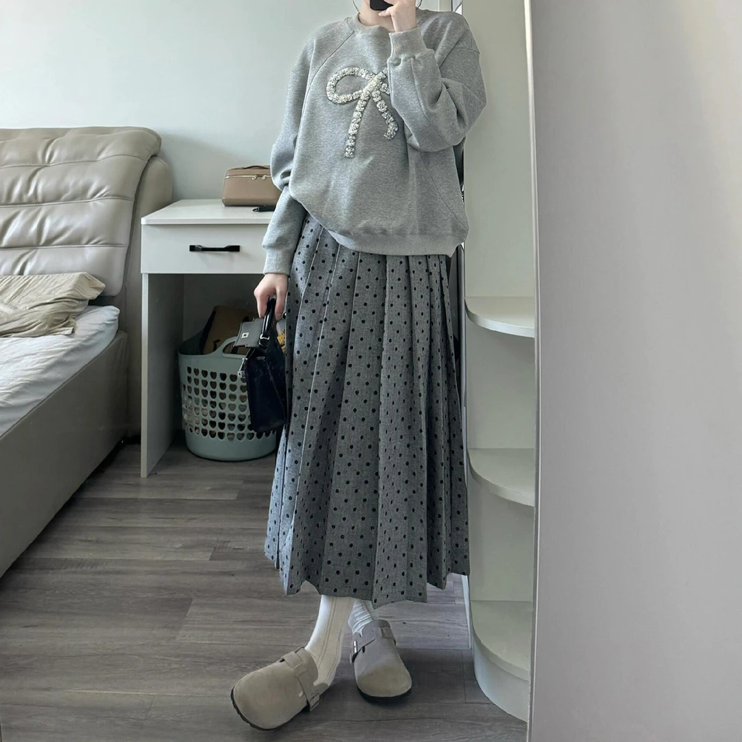复古波点半身裙女秋季新款胖妹妹mm梨形身材遮胯显瘦中长款百褶裙