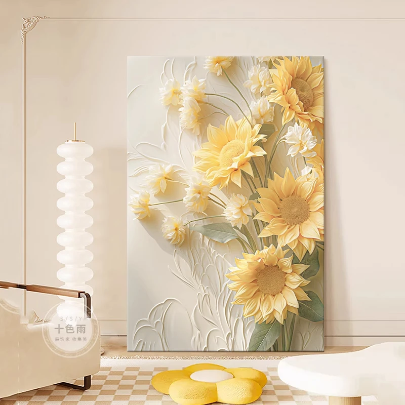 奶油风客厅装饰画向日葵现代简约沙发背景墙挂画砂岩肌理玄关壁画