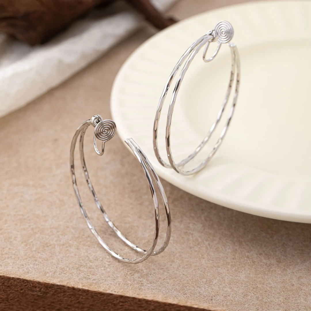 黄铜耳饰 【无耳洞耳夹】个性洒脱欧美风双环质地波纹耳环素圈夸张