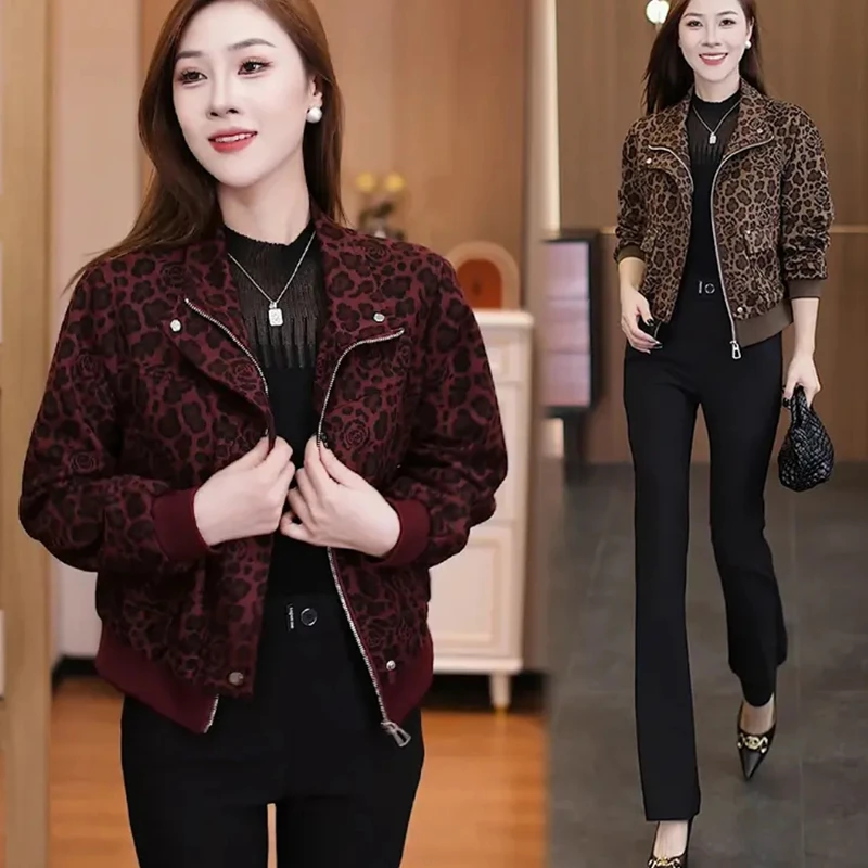 豹纹外套女短款秋新款小个子女装夹克衫休闲拉链衫上衣妈妈装外衣