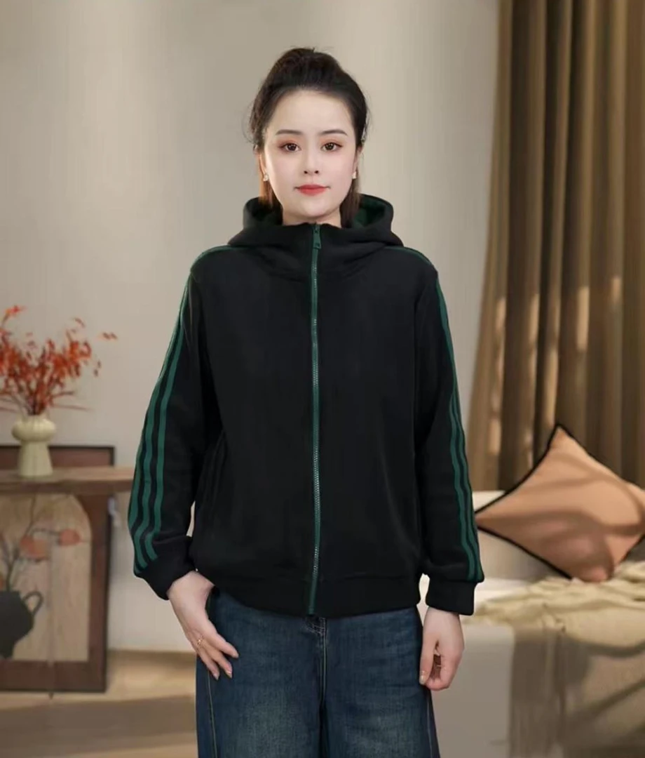 秋季时尚宽松拼接女连帽长袖外套运动开衫加绒加厚外套带帽
