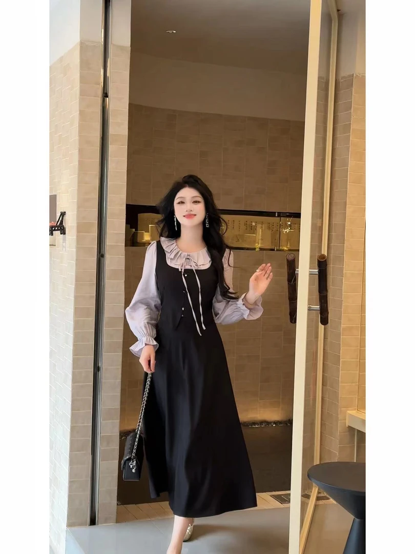 【秋雅】秋上新显瘦气质韩系千金木耳边假三件连衣裙