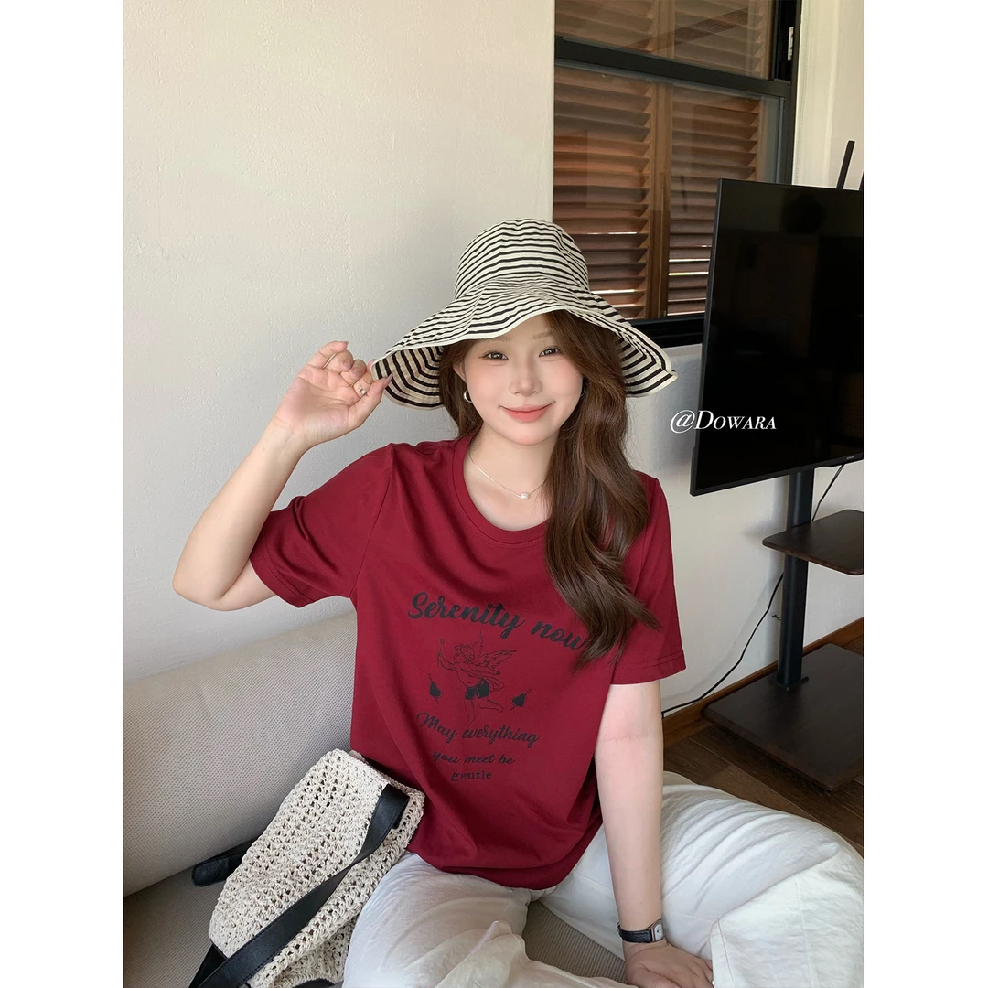 现货大婉酱微胖定制【小天使】ins风减龄圆领纯棉印花短袖T恤 6824D