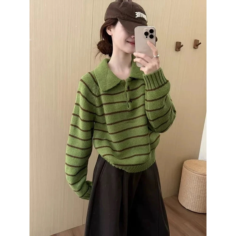 polo翻领绿色条纹套头毛衣女秋冬宽松爆款外套加厚打底针织衫短款