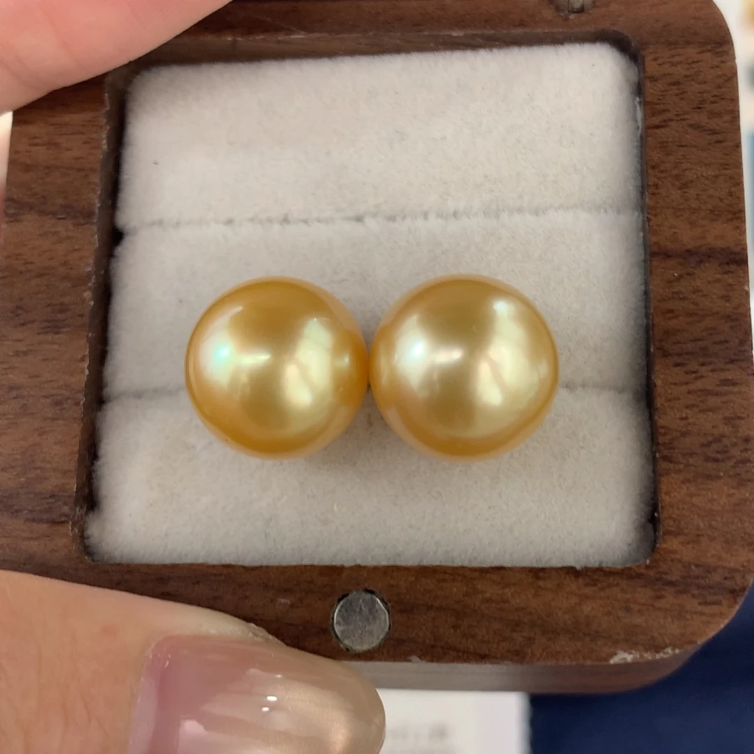 定制海水珍珠银S925镶嵌耳饰南洋金珠12.7-12.8mm