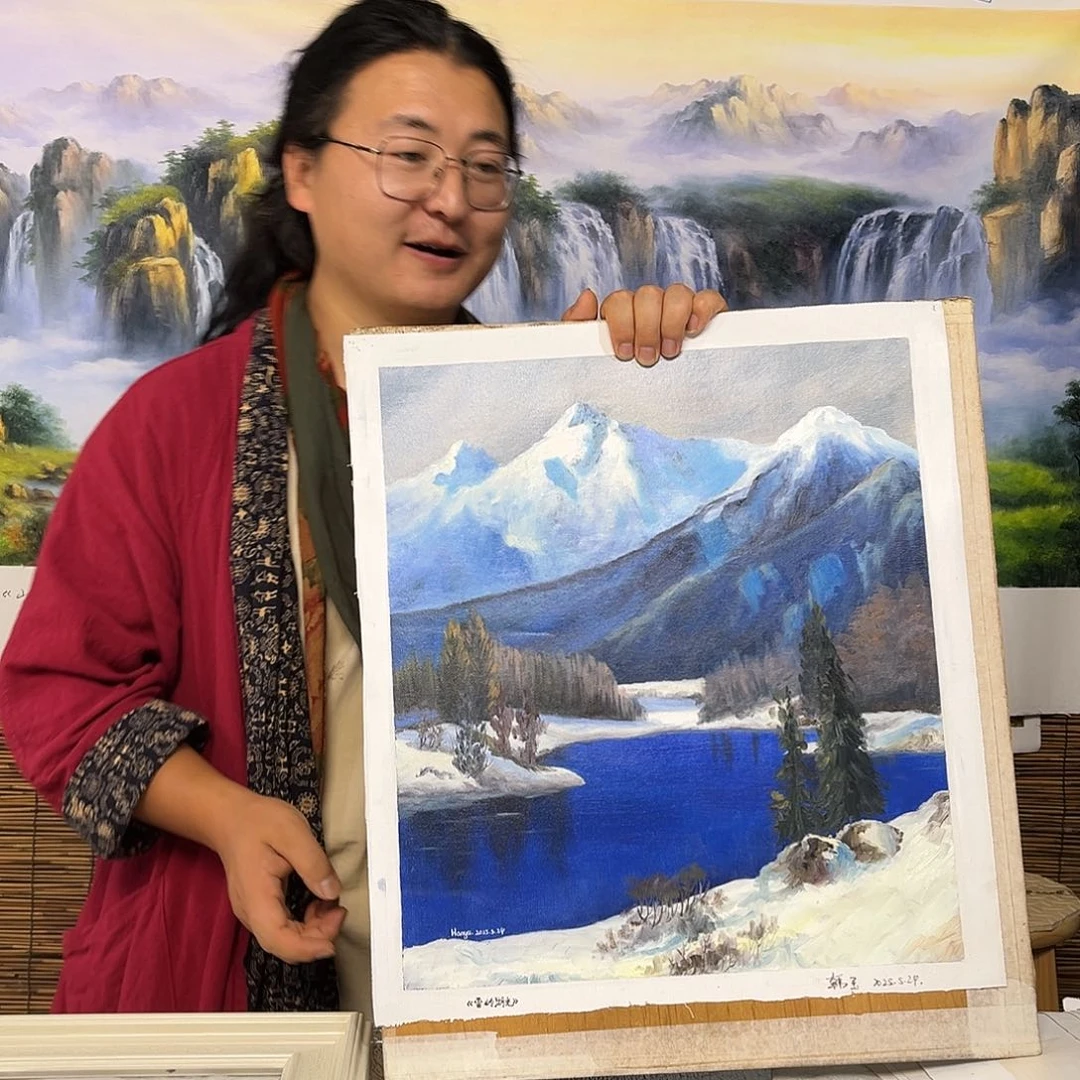 油画带框行路人小院绘画作品竞拍