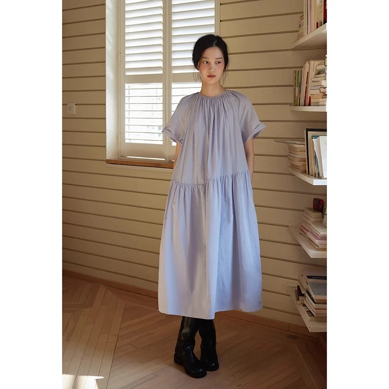 Nice people2025SS纯棉无袖长款褶皱慵懒风法式垂坠感连衣裙