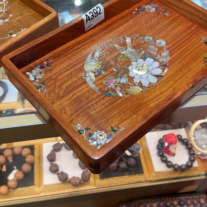 大果紫檀（缅甸花梨）花梨木镶嵌托盆30-20-4.5