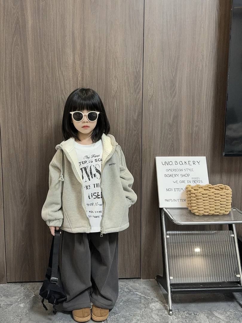 【熙熙TY】韩版儿童加绒连帽外套女童保暖卫衣外套+慵懒风直筒卫裤