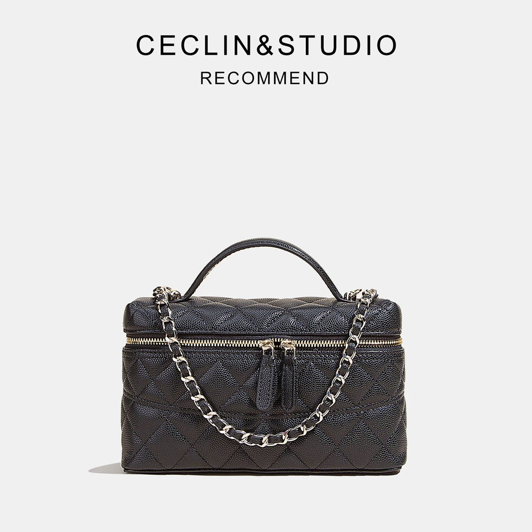 CECLIN女包日常单肩斜挎包小包盒子包饭盒包小众黑色链条斜挎包