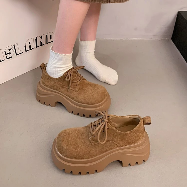 棕色复古厚底增高大头乐福鞋女2025新款秋季百搭系带英伦风单鞋
