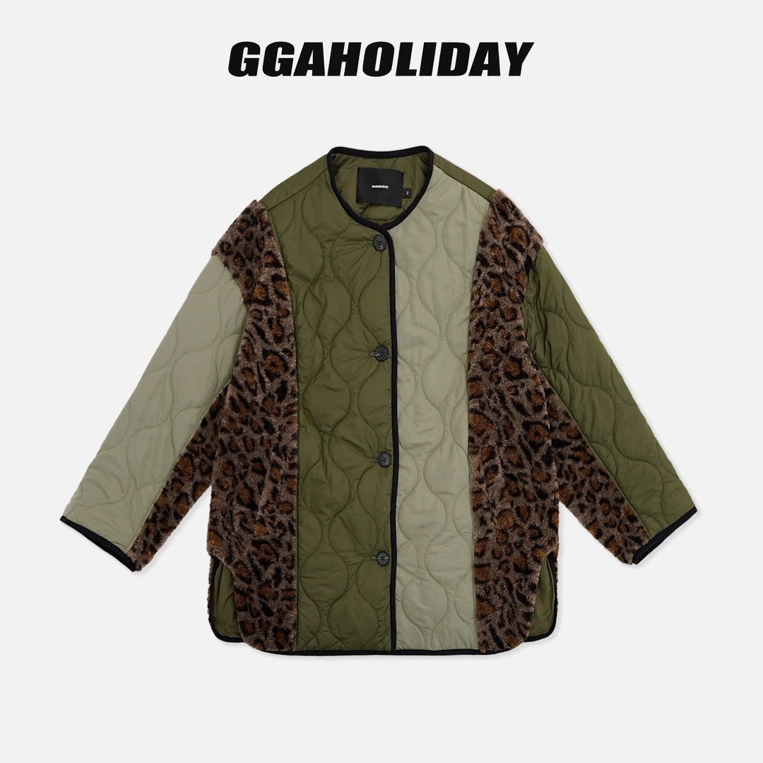 GGAHOLIDAY秋冬时尚休闲复古保暖棉衣豹纹拼接棉服外套-154135