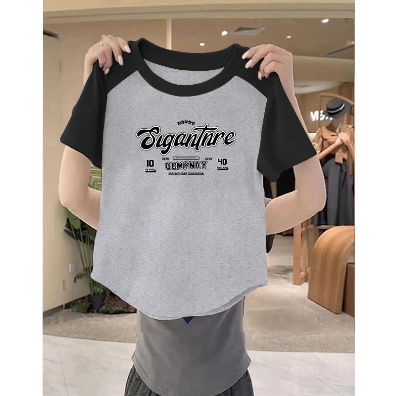 大码胖mm设计感撞色插肩袖短袖T恤女士夏季韩版圆弧下摆印花上衣