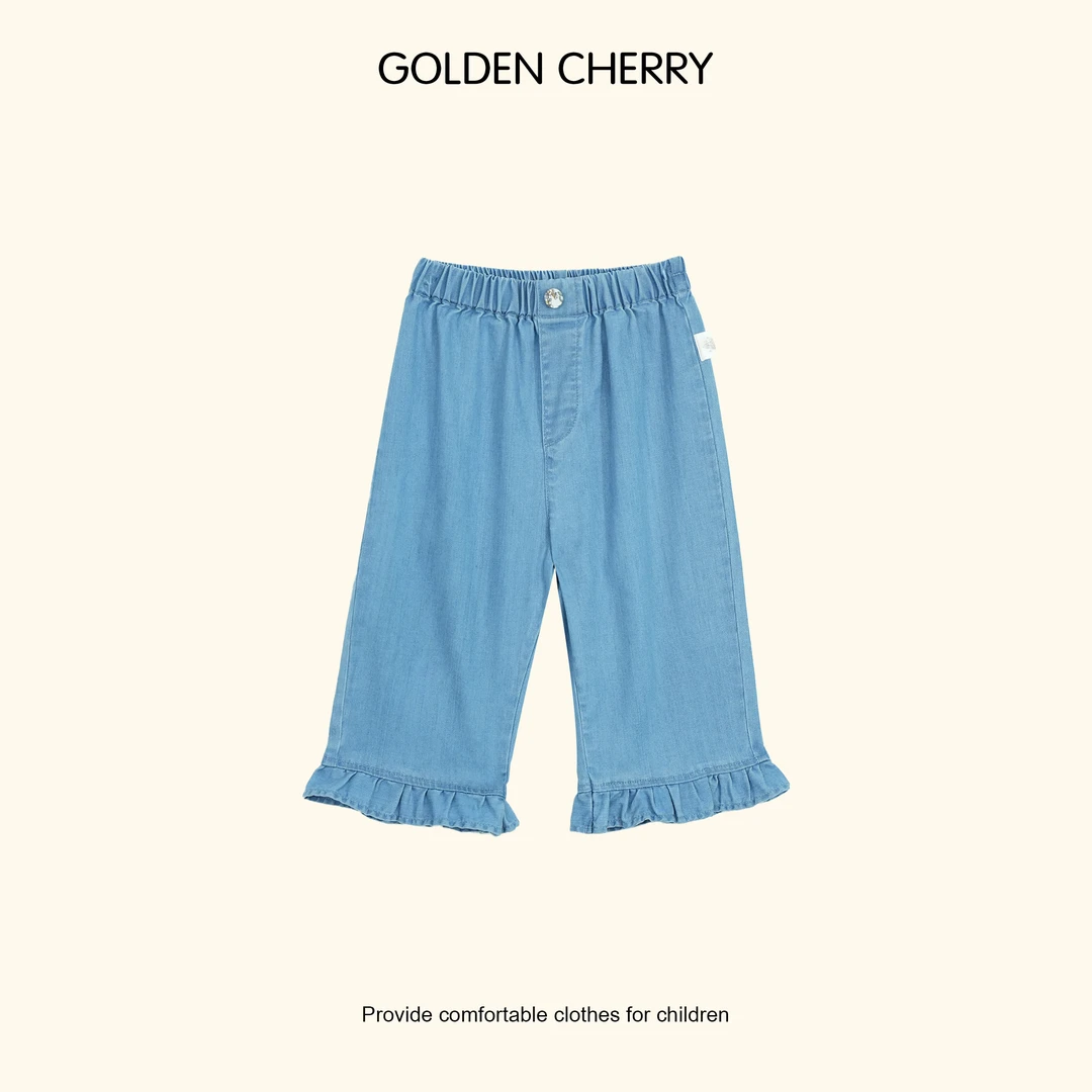 【金樱桃Golden cherry】小童蓝色花边脚口七分牛仔裤285222