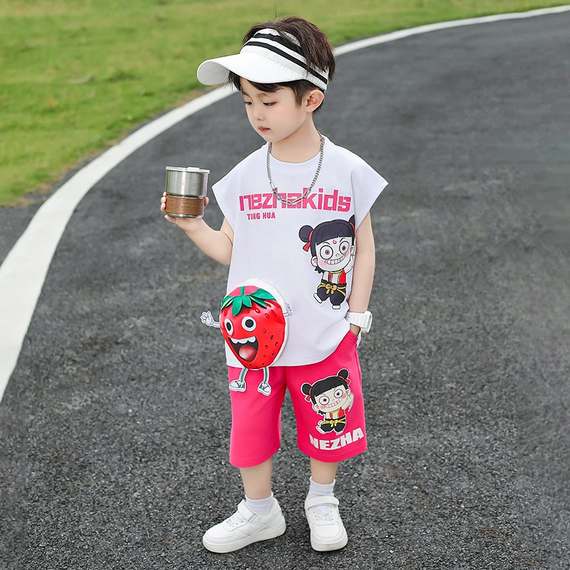 哪吒儿童服装无袖男童背心短裤套装夏季宝宝衣服透气夏装2025新款