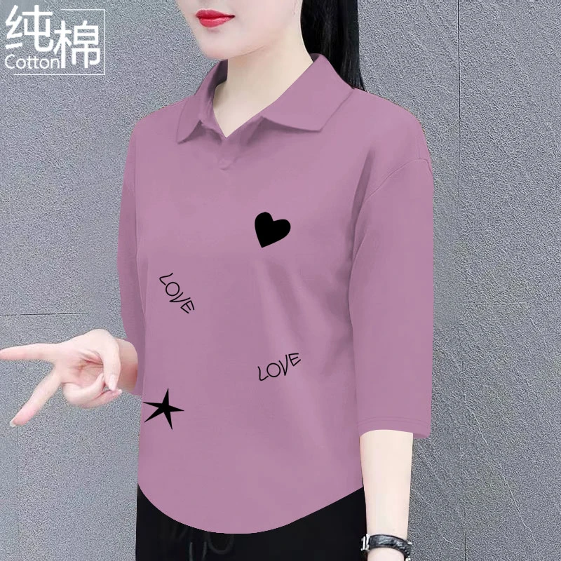 纯棉七分袖t恤女夏季新款翻领百搭宽松显瘦时尚洋polo领上衣